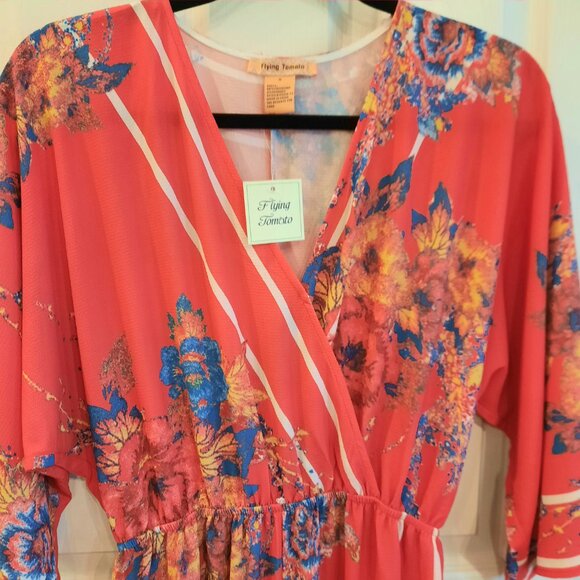 NEW Wide Leg, Surplice Front Flying Tomato Jumpsuit, Red Floral, Size S - Picture 3 of 6